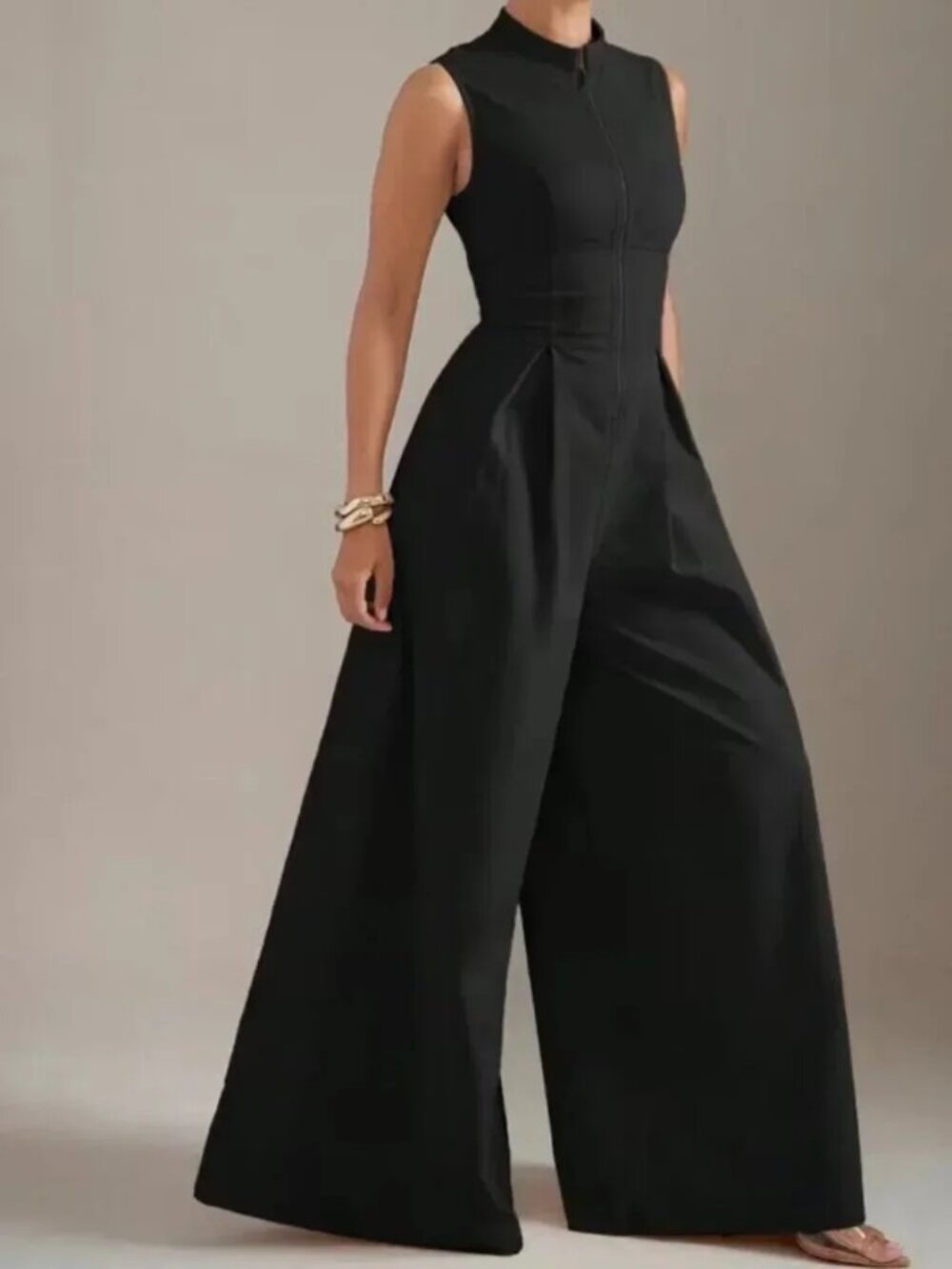 Wide Leg Sleeveless Zip Up Jumpsuit Black